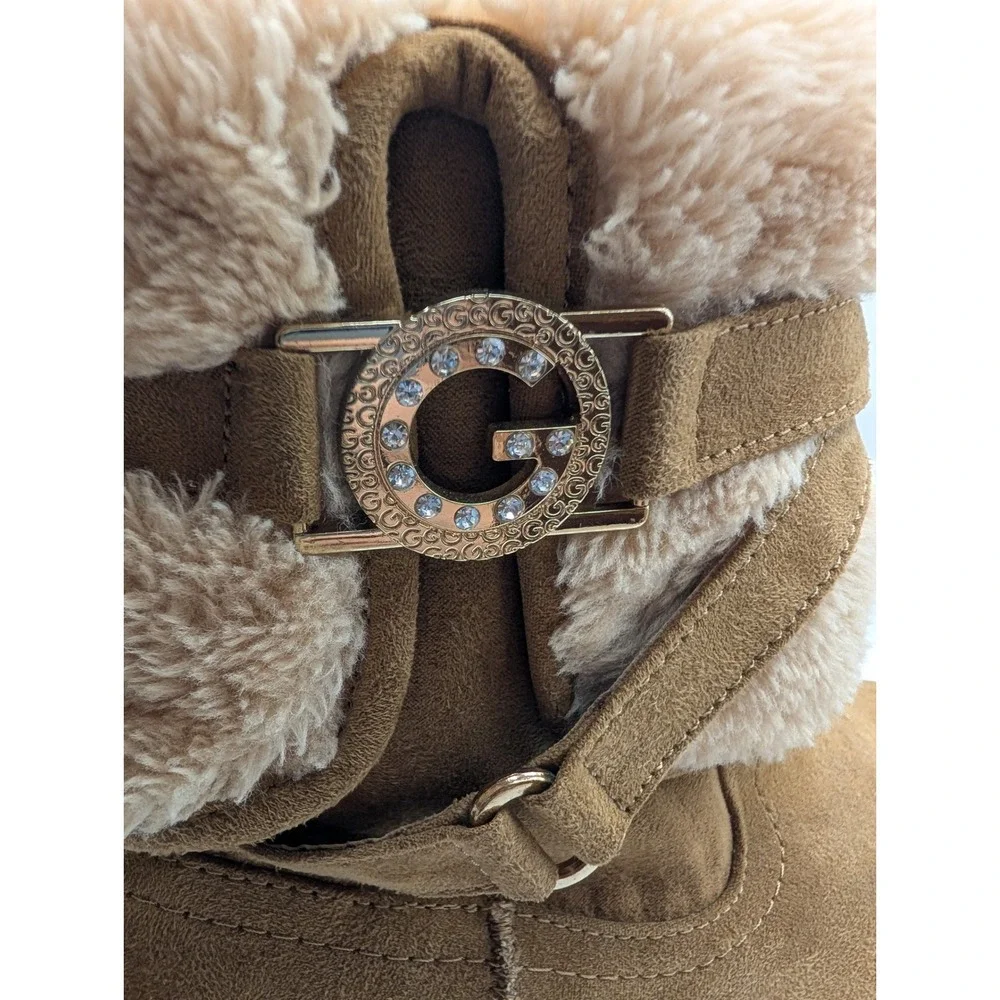 G by Guess‎ Aussie Chestnut Faux Suede Shearling Cuff Boots Womens 7M Rhinestone